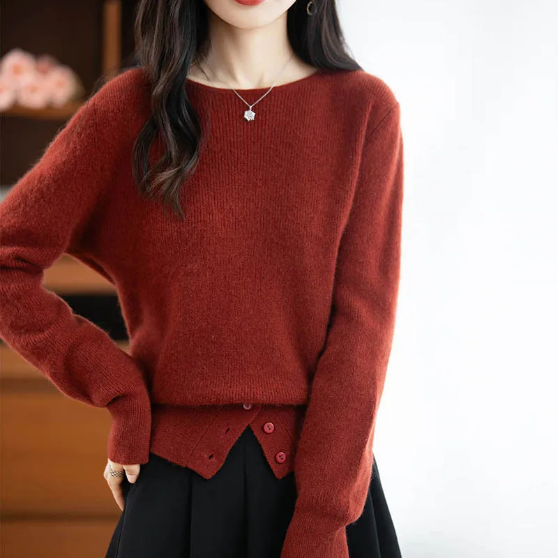 

Women Sweater Autumn Winter 100% Merino Flat Neck Hem With Split Batfly Sleeves Cashmere Soft Warm Sweater Korean Fashion Tops