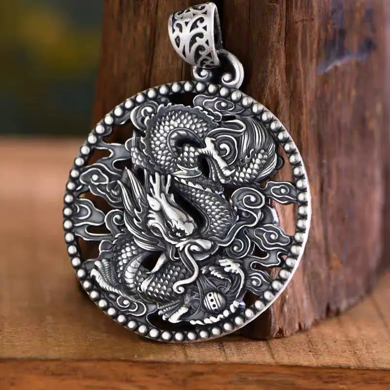 Retro Dragon Pendant Necklace For Men Jewelry Vintage Hollow Animal Necklaces Silver 925 Male Neck Chain Accessories Gift