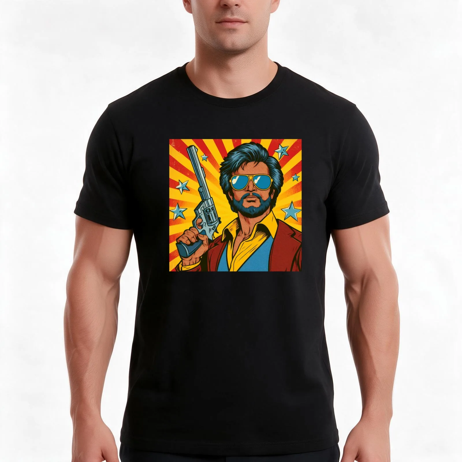 Retro Vintage Pop Art Gunner Rajinikanth T-Shirt, Summer Casual Cotton Tee, Oversized Streetwear Tops, Vintage Graphic Print