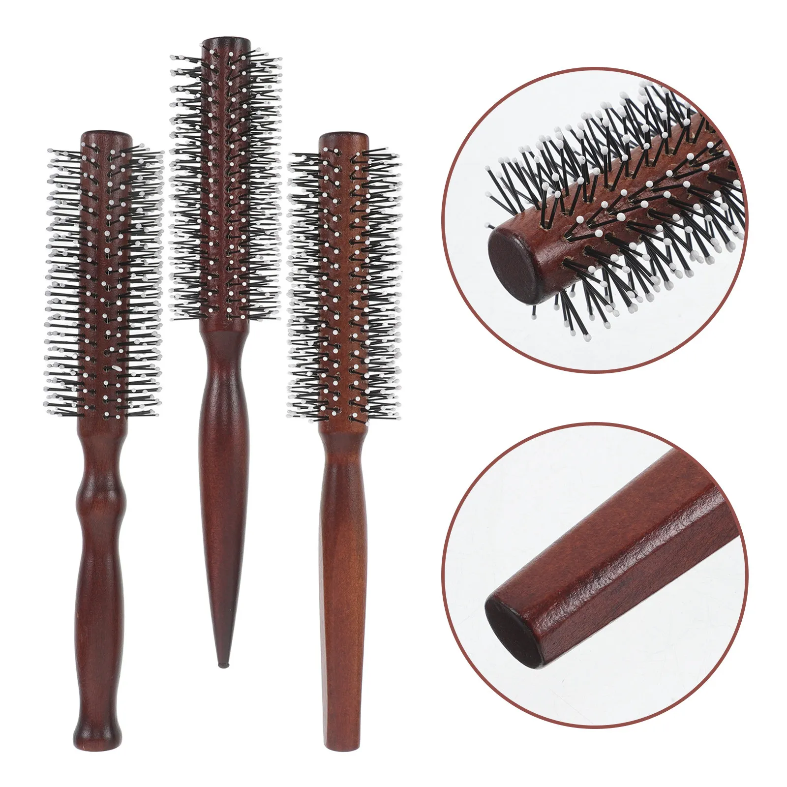 

Набор из 3 деревянных круглых щеток для волос с нейлоновой щетиной: для укладки, придания объема, массажа и распутывания волос