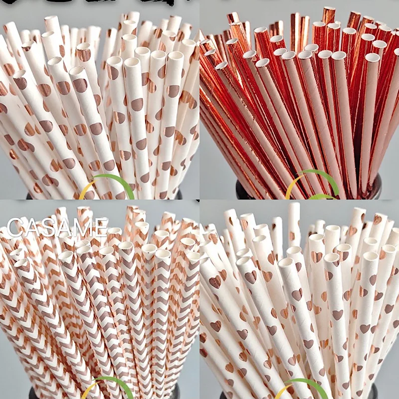 Gold Rose Gold Paper Straws Strip Dot Drinking Straw Disposable Tableware Party Supplies Wedding Birthday Party Decoration Kids