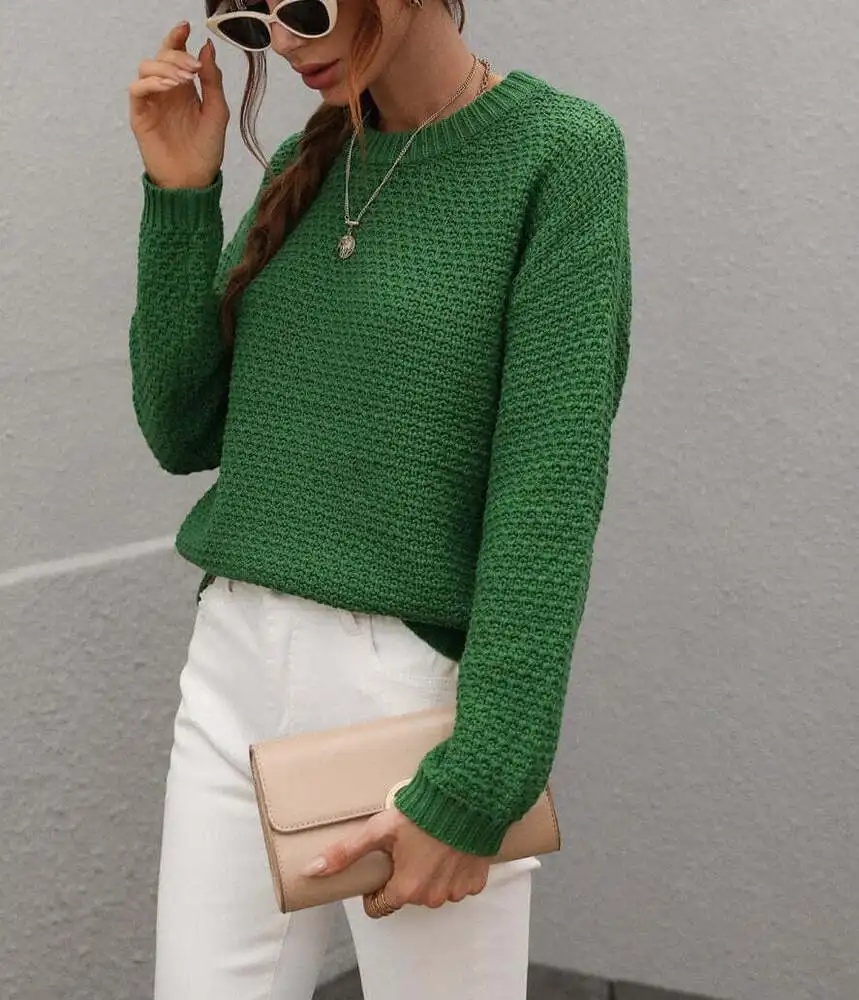 Ladies Autumn Winter Sweater Women Pullovers Crew Neck Solid Textured Knit Fall Sweater Casual Chic Jumper Women's Sweater Tops