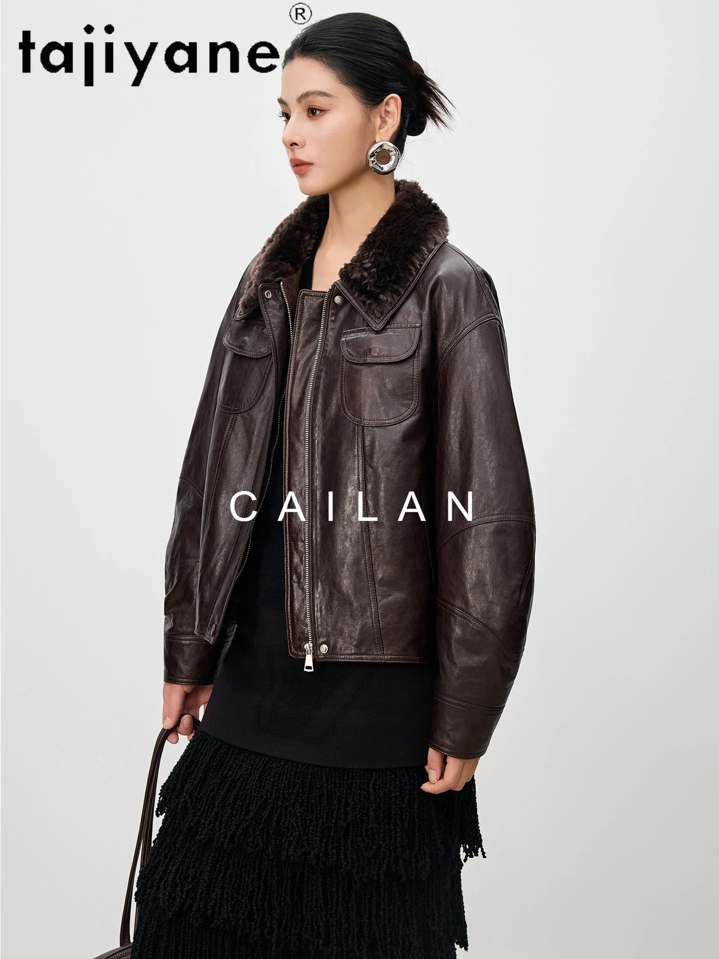 TAJIYANE Giacche Imbottite in Pelle di Pecora 90% Piumino d'Oca Cappotti Corti in Vera Pelle da Donna con Collo in Lana Abbigliamento Invernale 2025