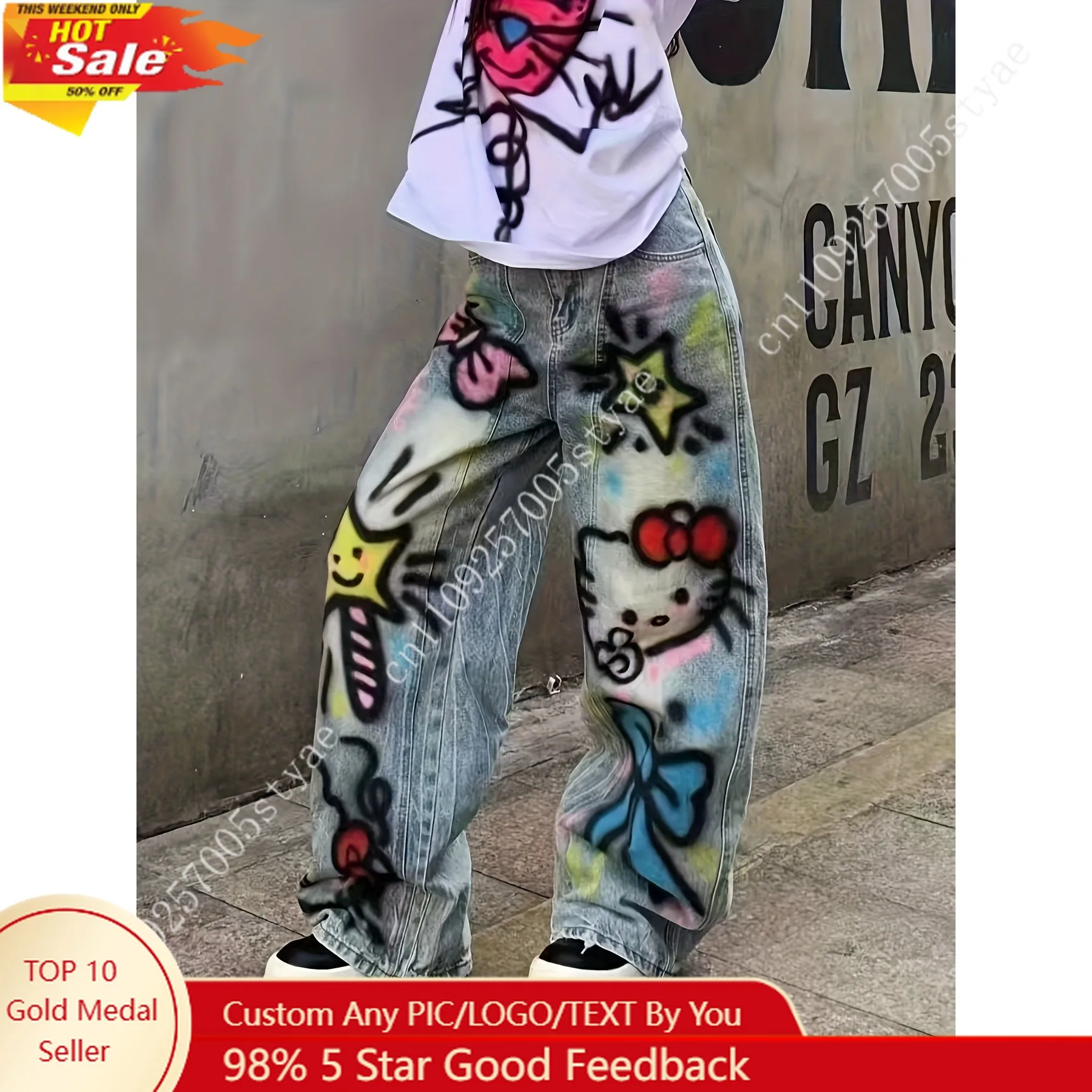 

Hello Kitty 1pc American Style Dopamine Cartoon Graffiti Print Women's Plus Size Hot Design Spray Paint Scimitar Pants