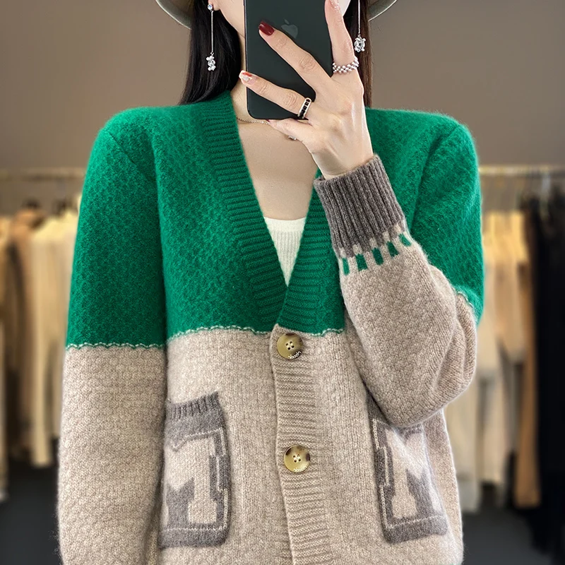New 100% Merino Wool V-neck Cardigan with Contrast Pocket Women's Knitted Sweater Thickened Loose Casual Top