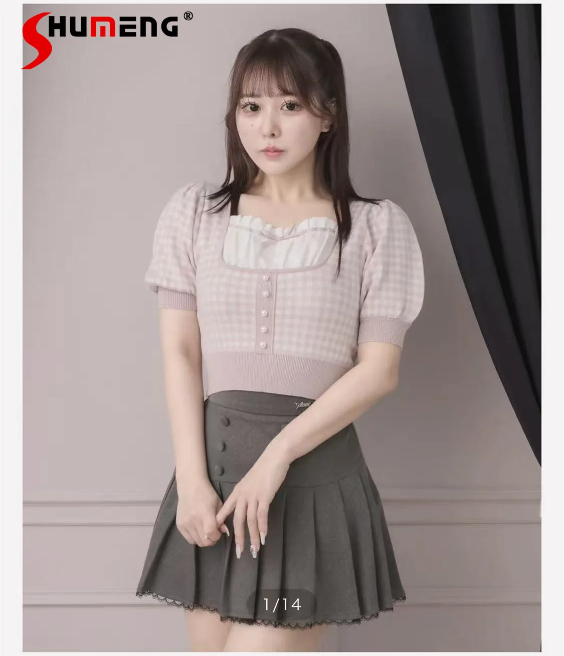 

2026 Summer Japanese Style Elegant Sweet Splicing Square Neck Bow Short Sleeves Versatile Casual Plaid Knitted Top T-shirt Women