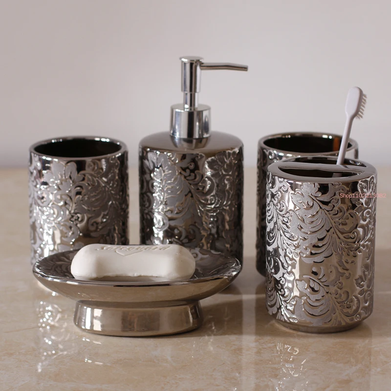 Silver Ceramics Five Piece Set Gifts Soap Bottle Gargle Cup Dish Toothbrush Holder Washing Tools Bathroom Toiletry