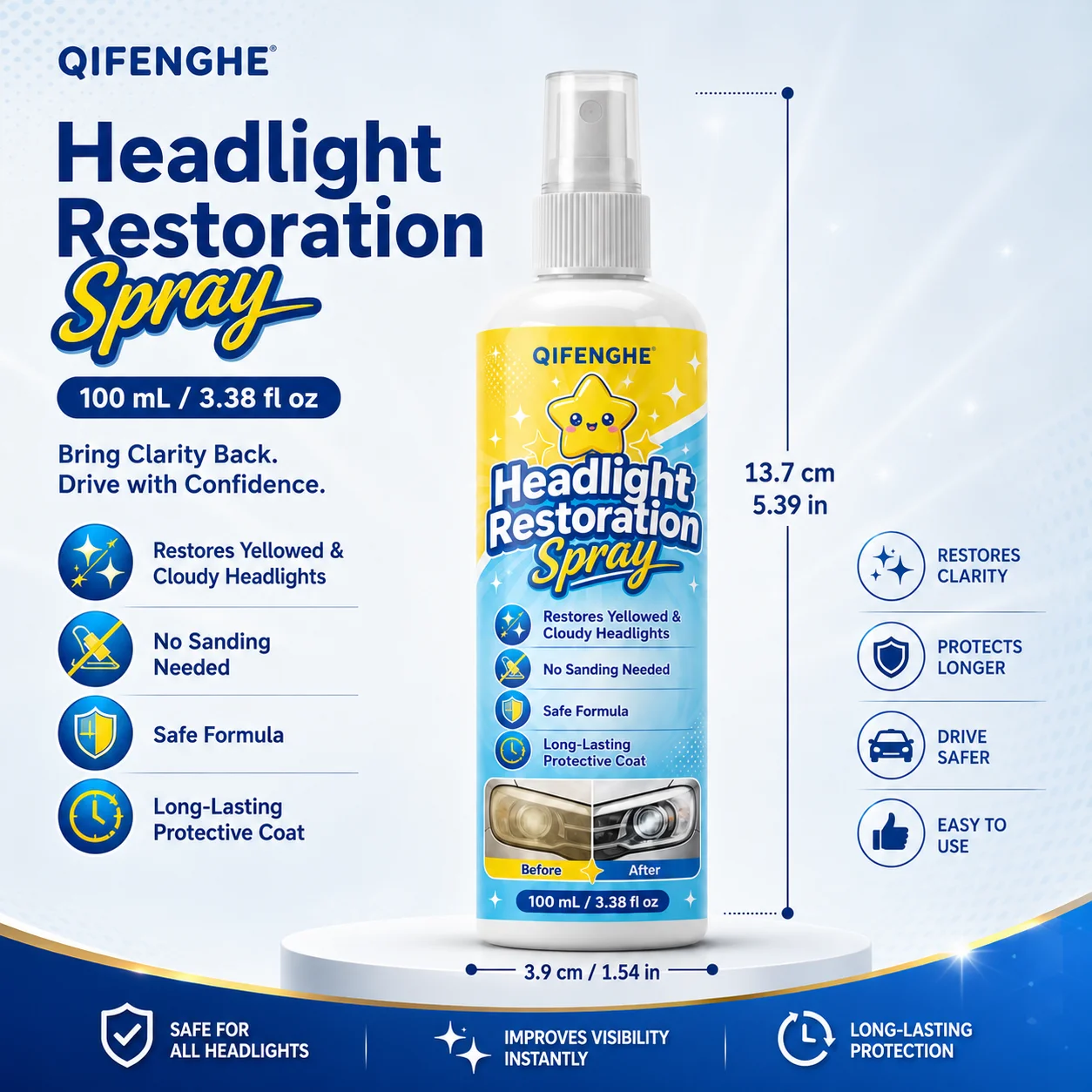 Quick Headlight Restoration Spray for Car, Brightening Repair Liquid, Removes Yellow Oxidation, Restores Clarity, Night Safer