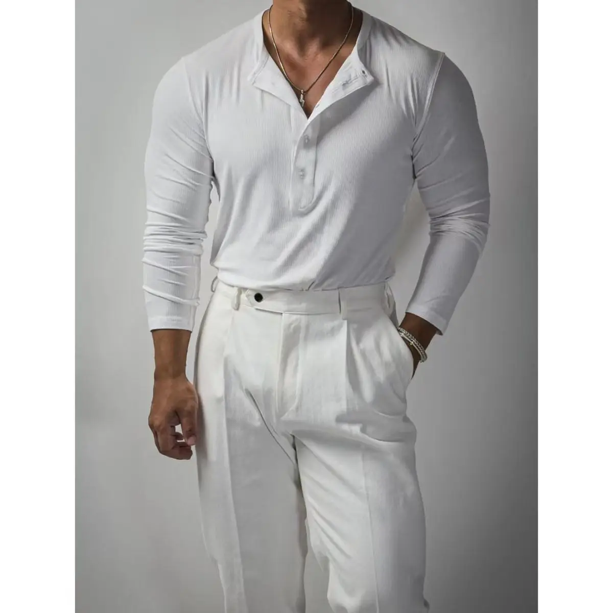 Long Sleeve Henry Neck Slim Fit Top Threaded Elastic Fitness Training Bottom Shirt Men's Breathable Sports Casual T-Shirt