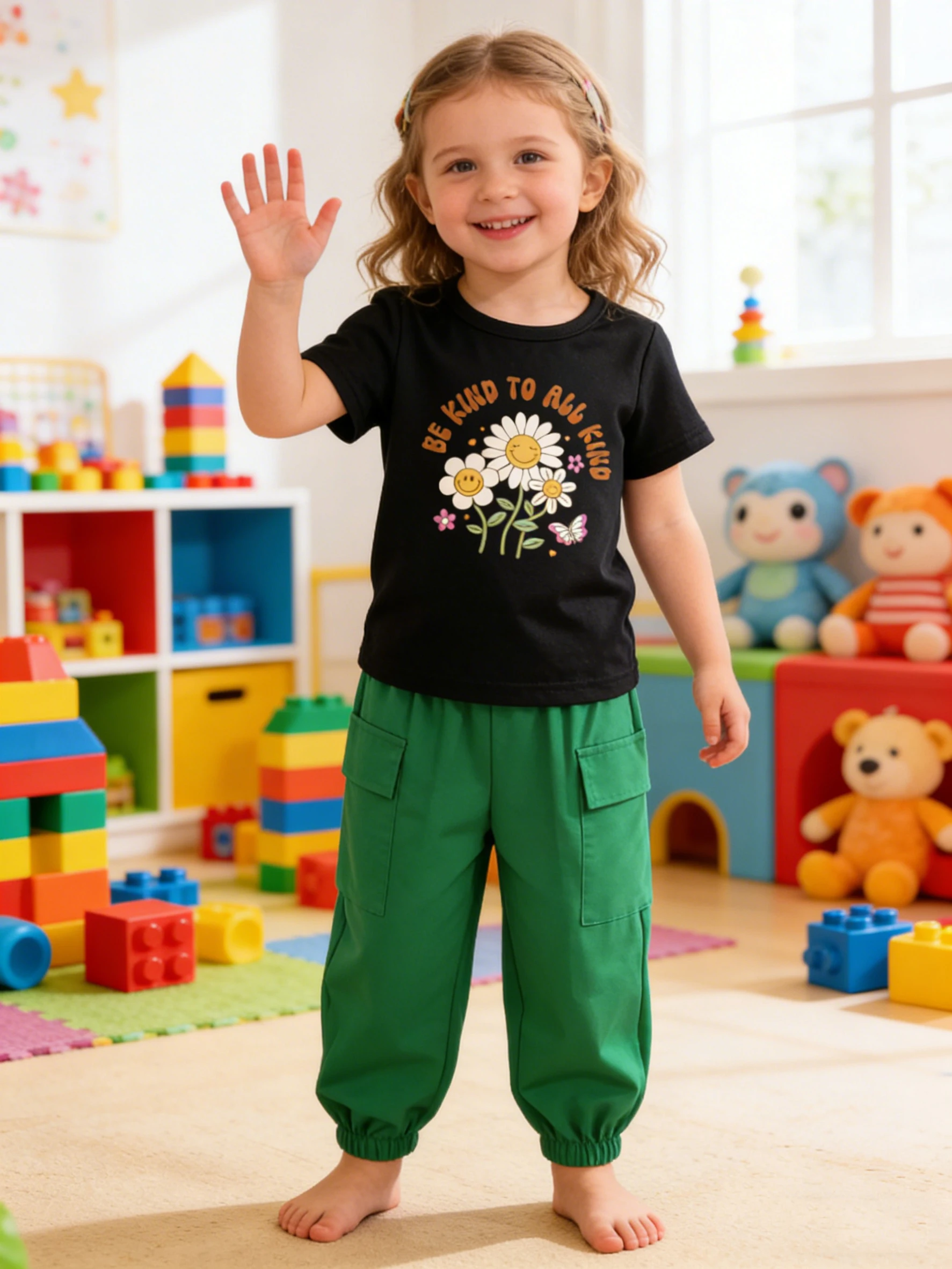 

Комплект футболки и зеленых брюк с милым смайликом и маргариткой — детская нежная игривая летняя одежда