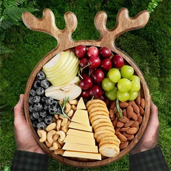 Wood Serving With Antler,Round Wooden Christmas Fruit Dinner Plate,Cheese Fruit Bread Tray ,Snack Food Cake Dessert Tray