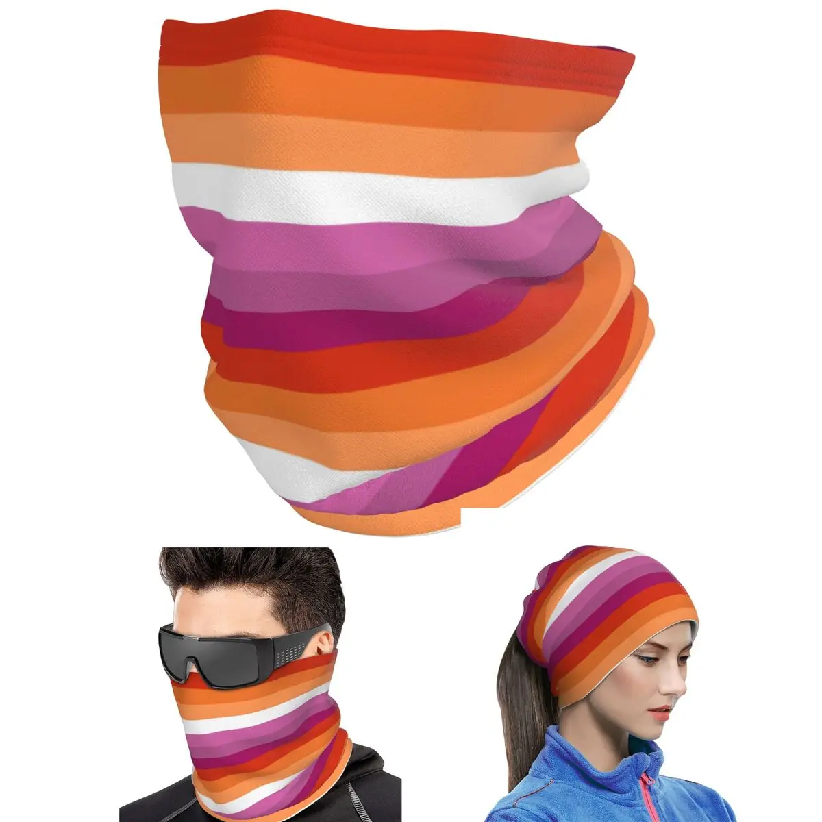 Orange - Magenta Lines Lesbian Pride Flag Butch Femme Pride Flag Bandana Neck Cover Face Scarf Warm Headband Adult Winter