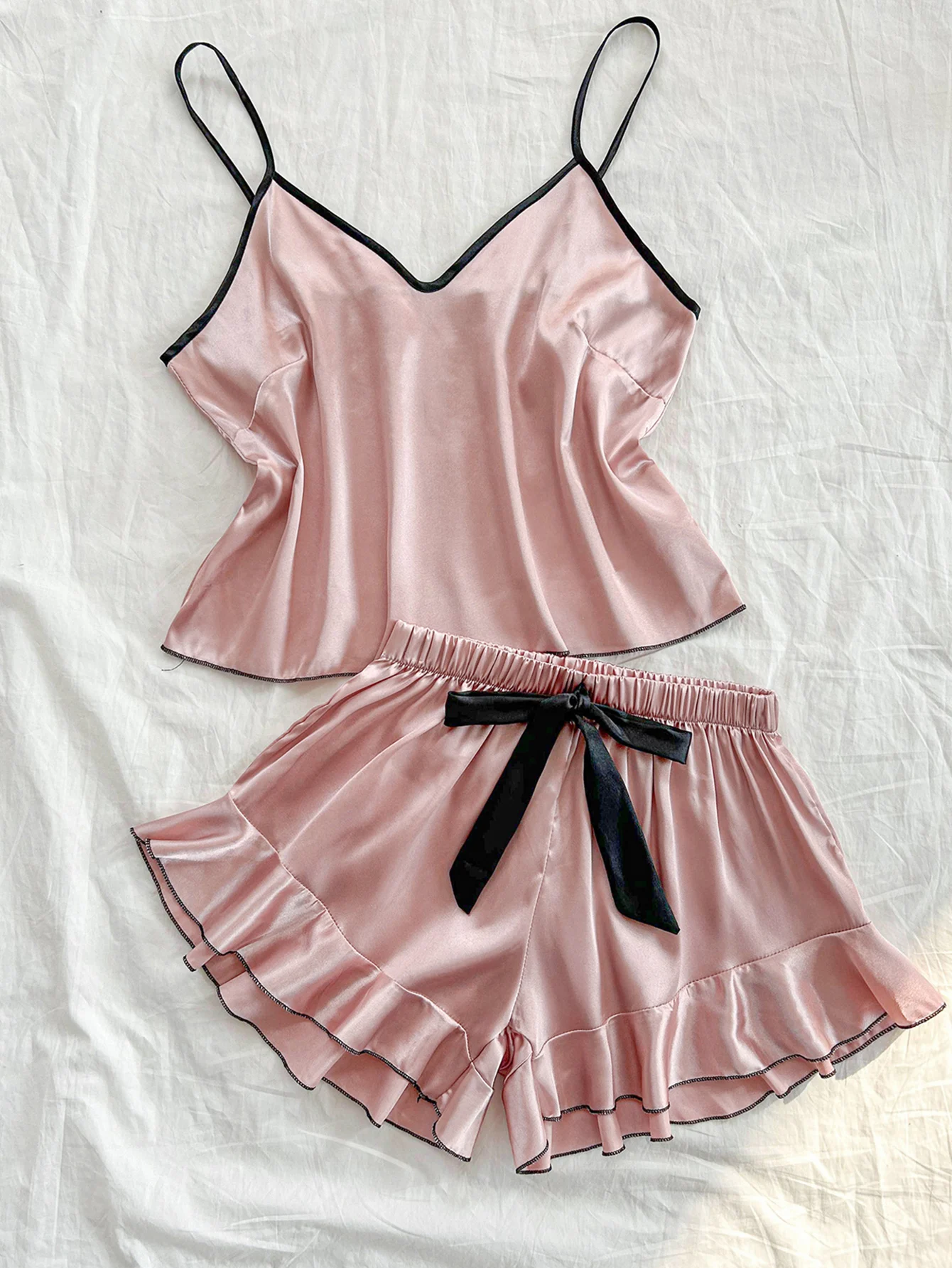 New Women Pajama Set Summer Cami Top with Ruffle Shorts 2 Piece Sleepwear Elegant and Simple Black Bow Trim Nightwear view 6