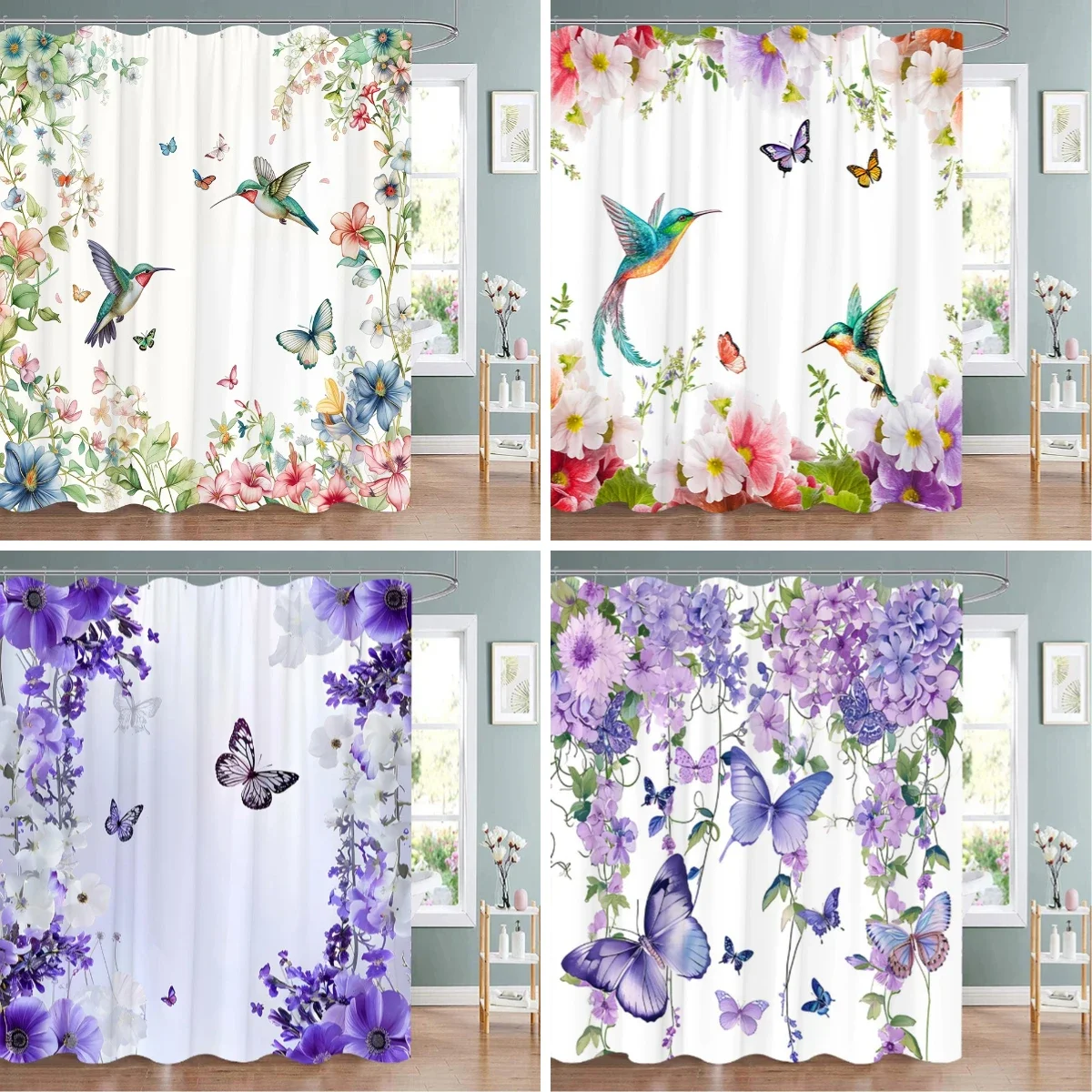 Beautiful Floral and Butterfly Print Shower Curtain Natural Botanical Floral Home Art Shower Curtains Bathroom Decor With Hooks