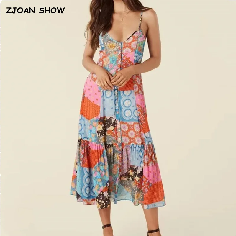 

2023 BOHO Contrast Color Flower Print Midi Long Sling Dress Hippie Women Single-breasted Buttons Ruffles Hem Slit Robe Holiday