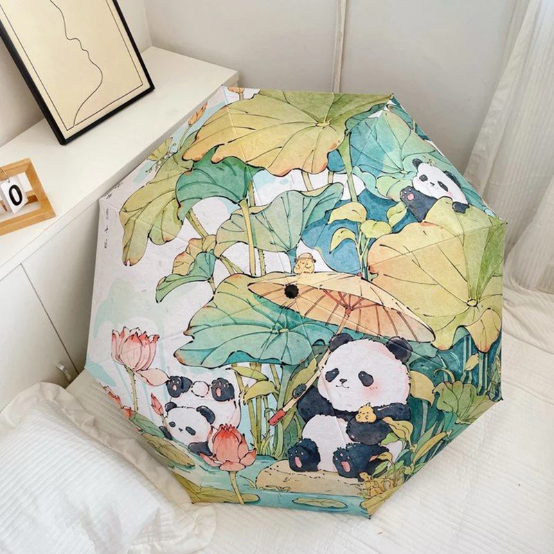 Lotus Pond-Panda Black Coating Umbrella, Waterproof, Rain, Sunny and Rainy Umbrella, UV Protection, Folding, Full Automatic