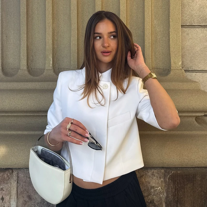 Blazer Blanco para Mujer, Chaqueta Ajustada de Manga Corta, Blazer Casual Corto para Mujer, Chaleco Elegante de Verano para Mujer, Abrigo Chic para Mujer