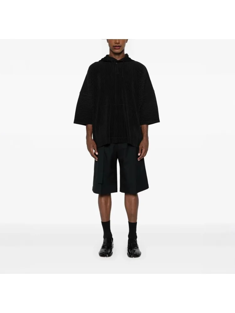 

Miyake Pleated Men's Hoodie Spring/summer New Hooded Short Sleeved Top Loose Casual Solid Color Pullover Streetwear