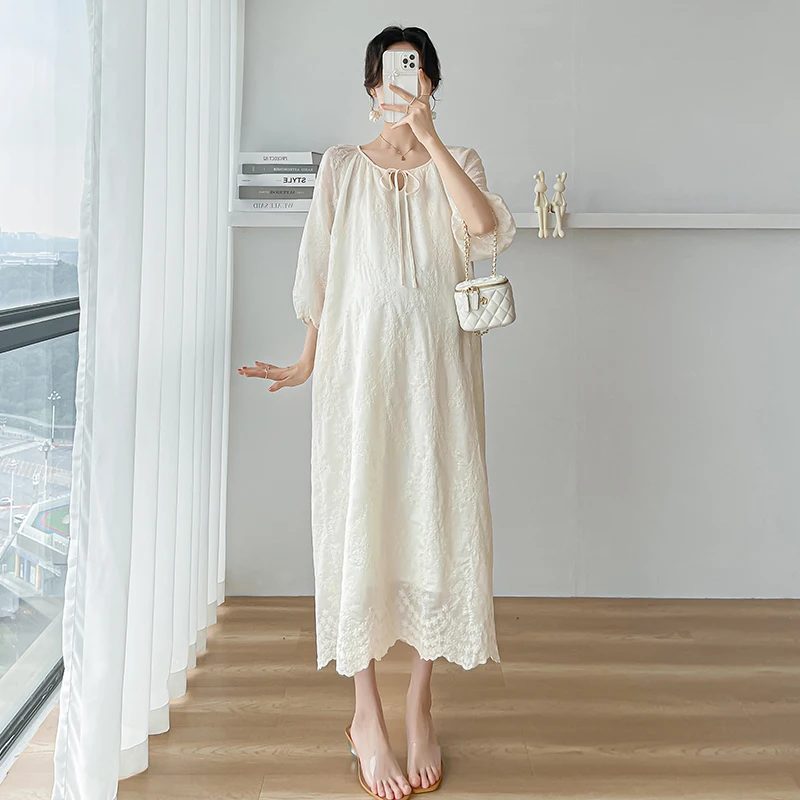 Summer Pregnant Women's French Heavy Lace Embroidered Bubble Sleeves Dress Thin Sweet Appearance 24ss Y2k Youth Pregnancy