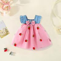 Simple Children's Dresses Summer Sleeveless Bowknot Cherry Embroidery Mesh Baby Girl Clothes 0 to 3 Years Old Kids Costume