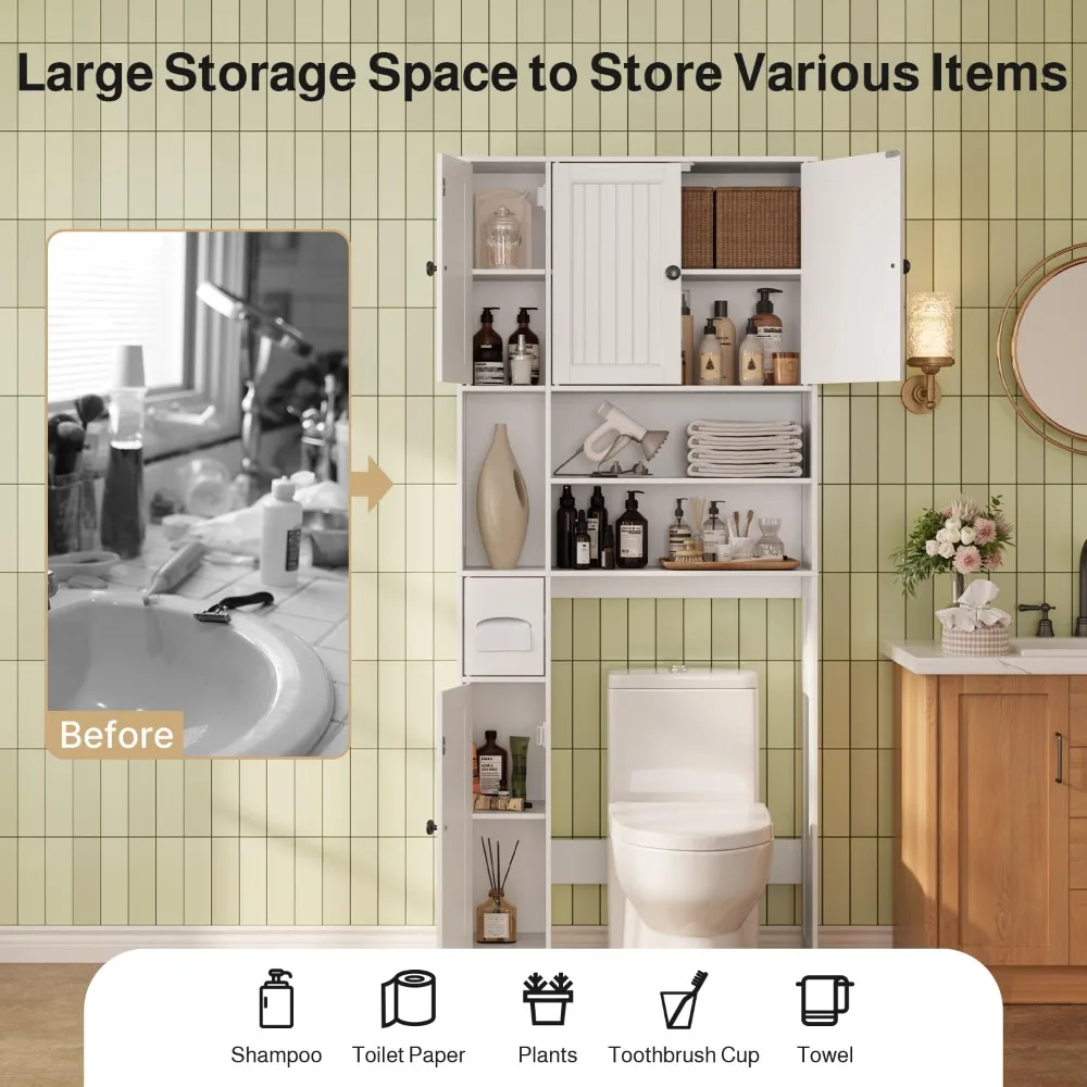 

Over The Toilet Storage Cabinet, Over Toilet Bathroom Organizer with Adjustable Shelves and Five Doors, Above, Customized