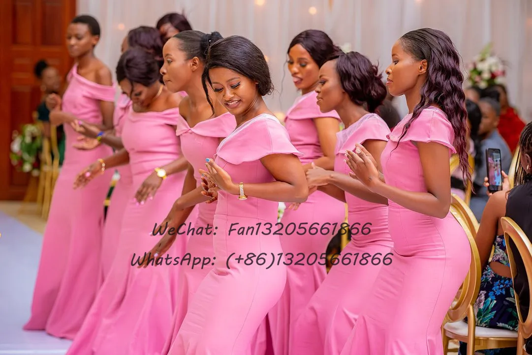 Formal Pink Mermaid Bridesmaid Dresses Long Sheer O-neck Cap Sleeve Wedding Party Dress For African Women Maid Of Honor