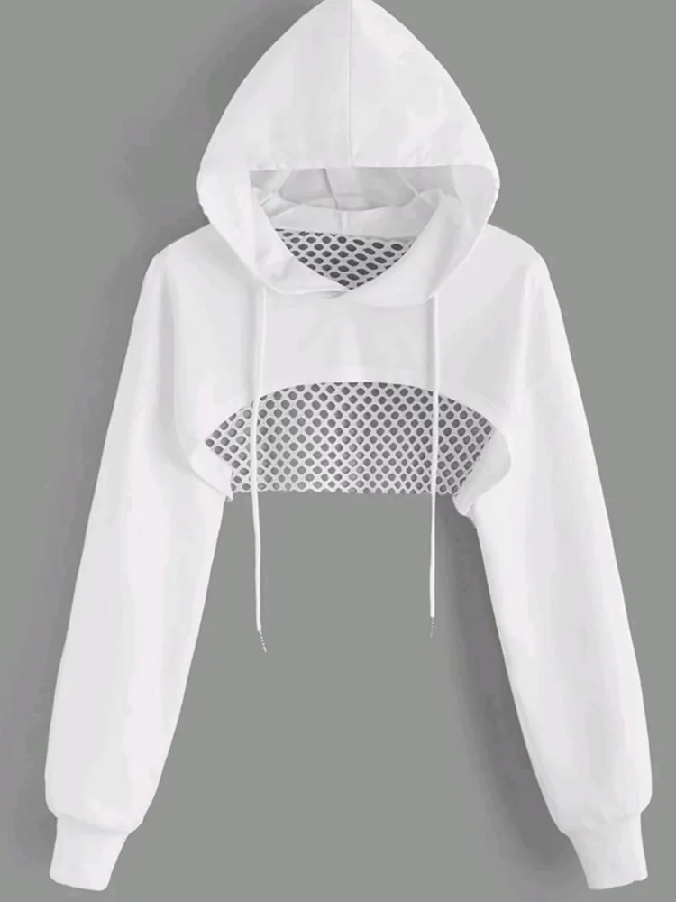 Street Sport Drop Shoulder Drawstring Hollow Out Super Crop Sports Hoodie Without Cami Top