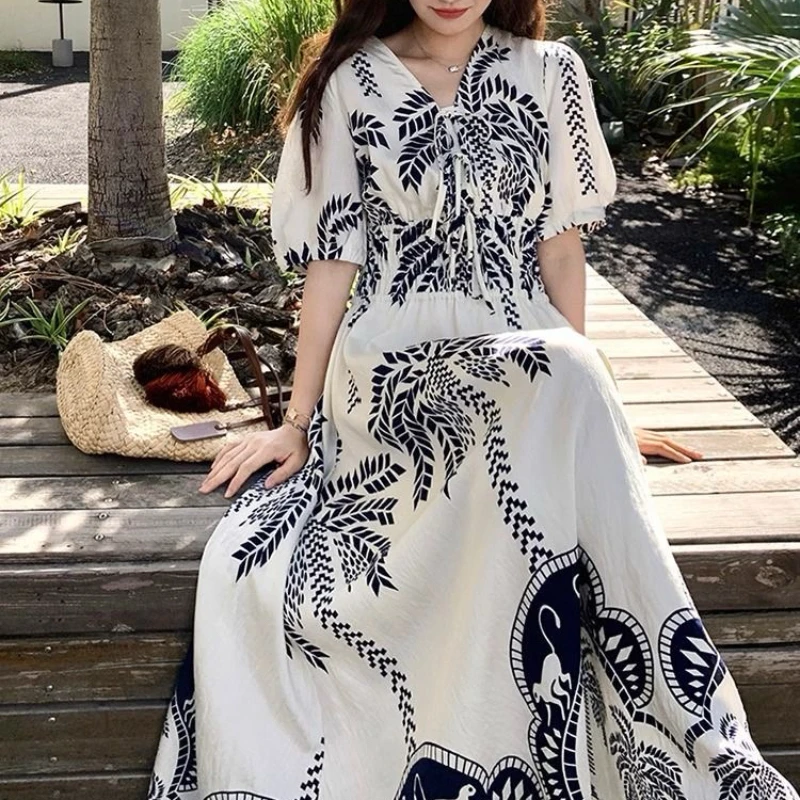 2025年夏新作 レディース ロングワンピース ゆったり カジュアル ボヘミアン風 リゾート風 プリントワンピース