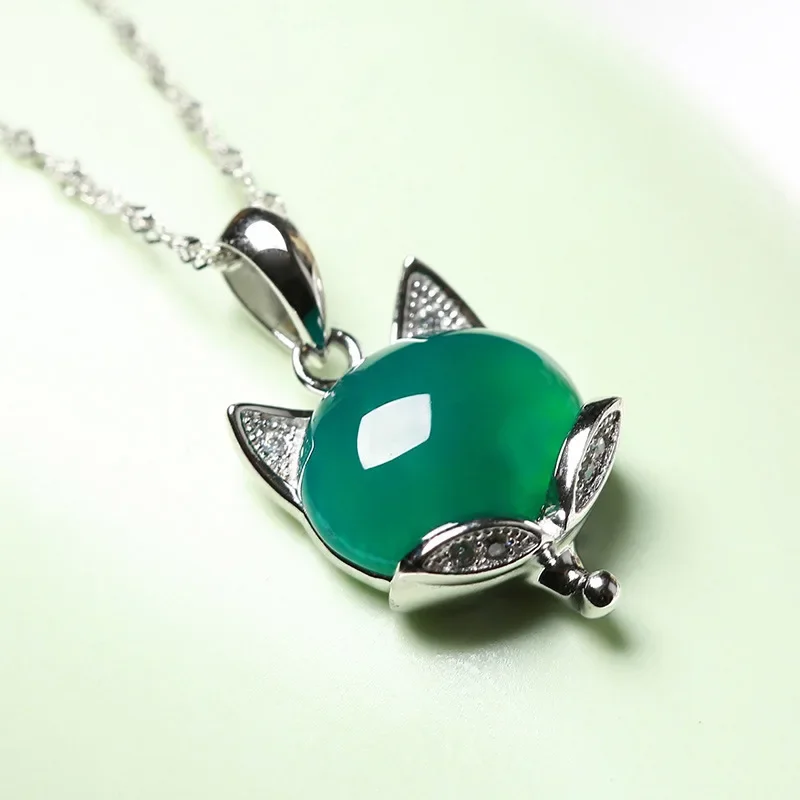 Natural Green Jade Fox Pendant Necklace 925 Silver Jadeite Chalcedony Amulet Fashion Charm Jewelry Gifts for Women Her