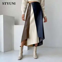 Patchwork Asymmetrical A-Line High Waist Leather Women's Skirt Korean Fashion Vintage Chic Mid-Calf Long Skirts For Women 2022