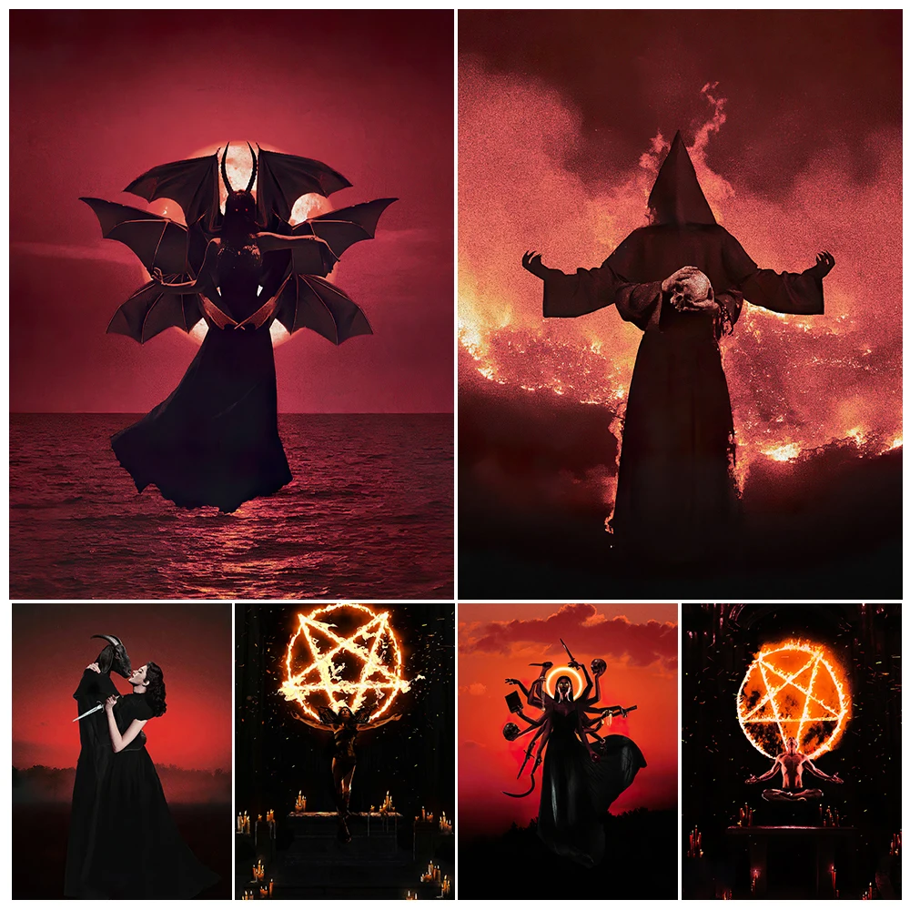 Demons And Witches From Hell Vintage Wall Art Canvas Painting Pagan Witchcraft And Black Magic Art Poster Print Home Decoration