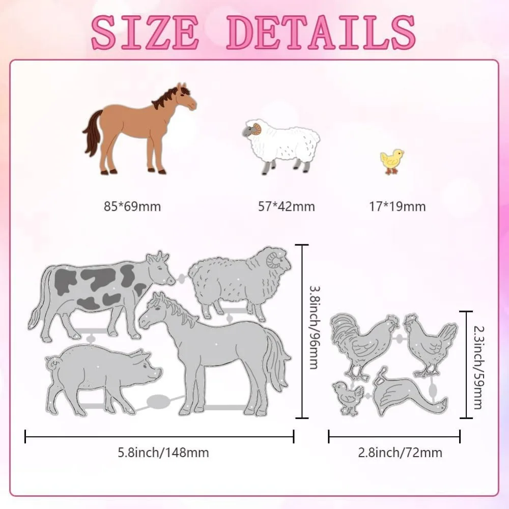 2 Sets 8pcs Farm Animals Cutting Dies Horses Cow Card Making Die Cut Chickens Carbon Steel Die Cuts Stencils Card Scrapbooking