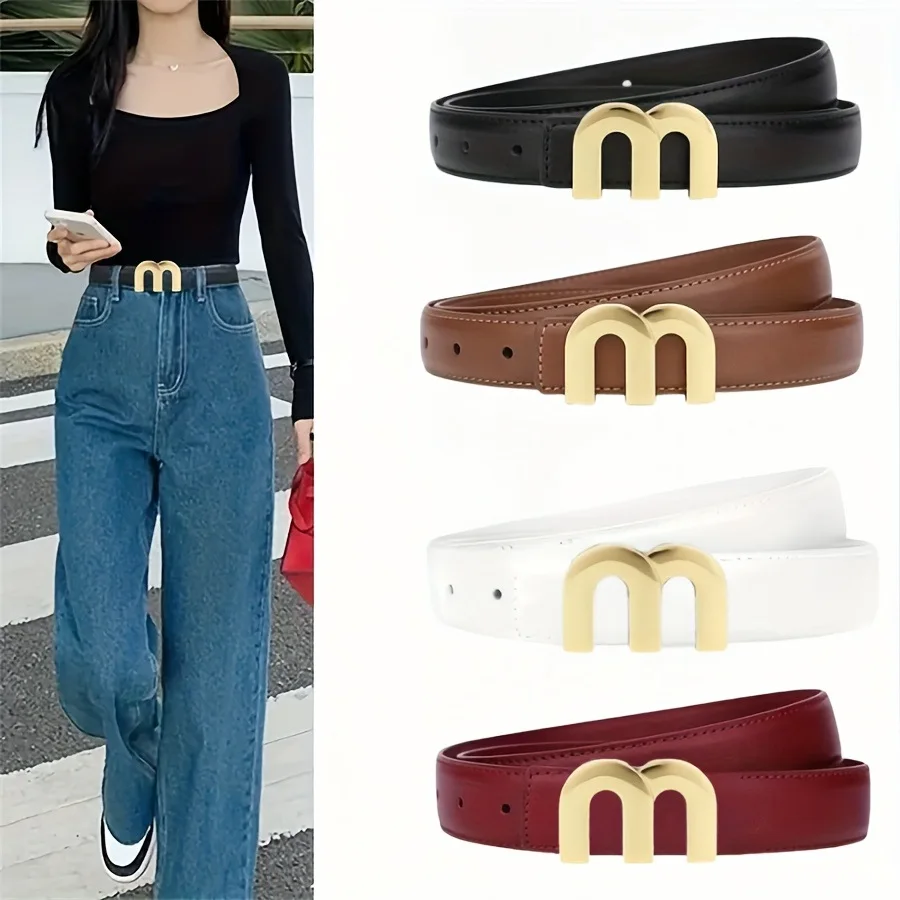 

Fashion Belts Letter M Gold Buckle Waistband Leather Adjustable Belt Jeans Pants Decor Accessories Waist Strap Casual New