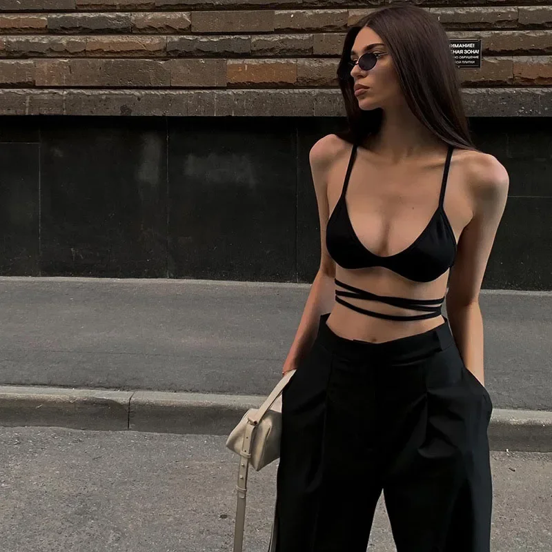 

Black Halterneck Tube Top Vest Strapless Backless Street Women's Top 2024 Summer Casual V-neck Short Y2k Vest for Women