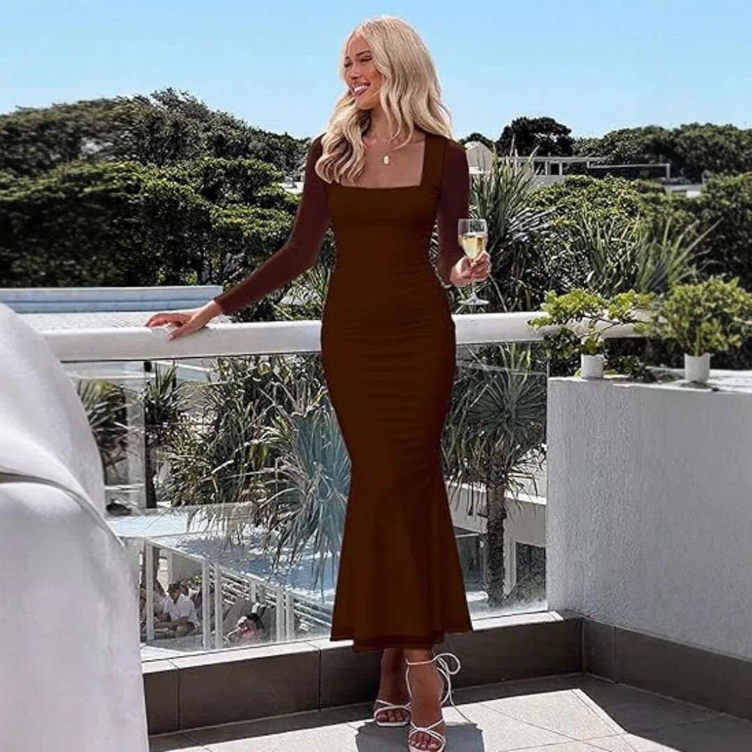 Abito lungo multicolore da donna in tinta unita slim fit con pannelli in rete trasparente dal design alla moda 2025