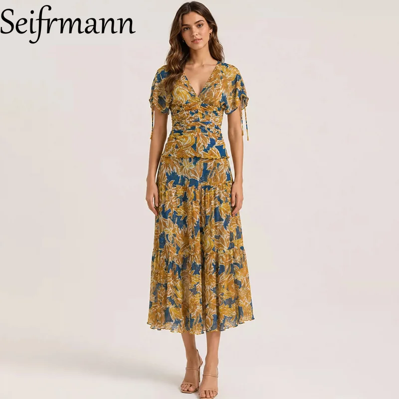 Seifrmann Casual printed Double sided wearable two-piece v-neck short-sleeved top waist skirt suit 2026 summer women's new style