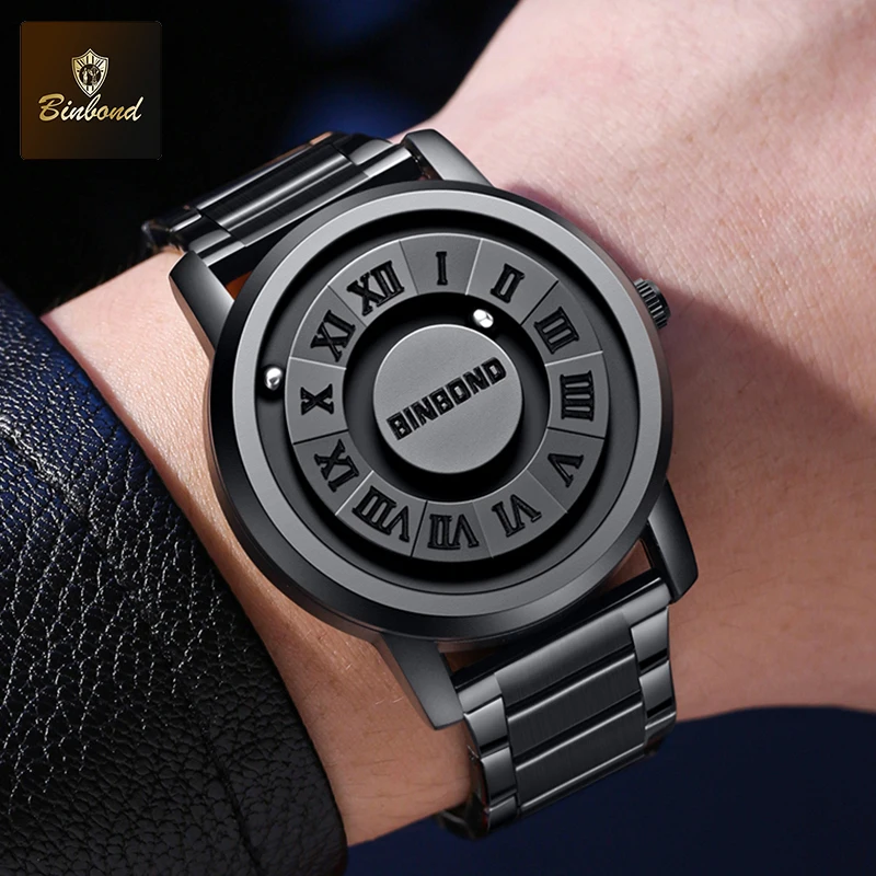 BINBOND Luxury Men Quartz Watches Fashion Magnetic Levitation Hollow Out Stainless Steel Waterproof Men Watch Relogio Masculino