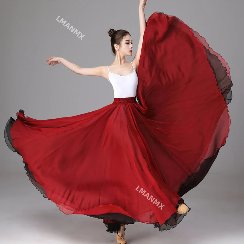 Chinese Classical Ethnic Dance Training Dress Performance Long Skirt Double Layer Elastic Waist Large Swing Skirt