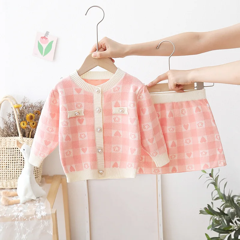 Plaid Knit Clothing Set for Girls Early Autumn Baby Girl Mini Knitted Skirt Sets Nice 2PCS Kids Sweaters Girls Jackets FY07243