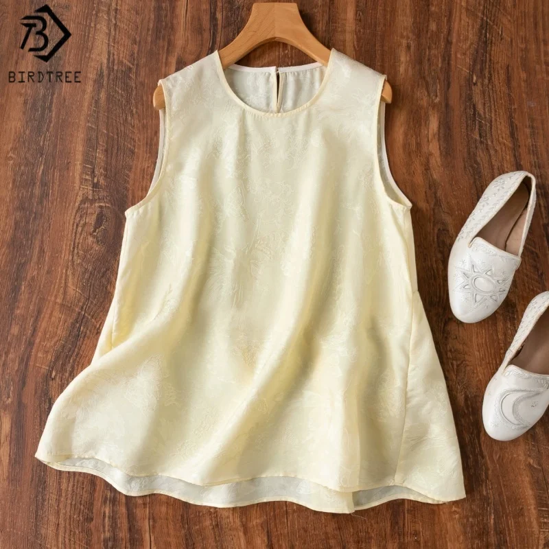 

Birdtree, 100% Real Silk Tank Top, Sling Sleeveless O-neck Vest, Women's Full-open Leno Loose Tops, 2026 Summer New T65104JF