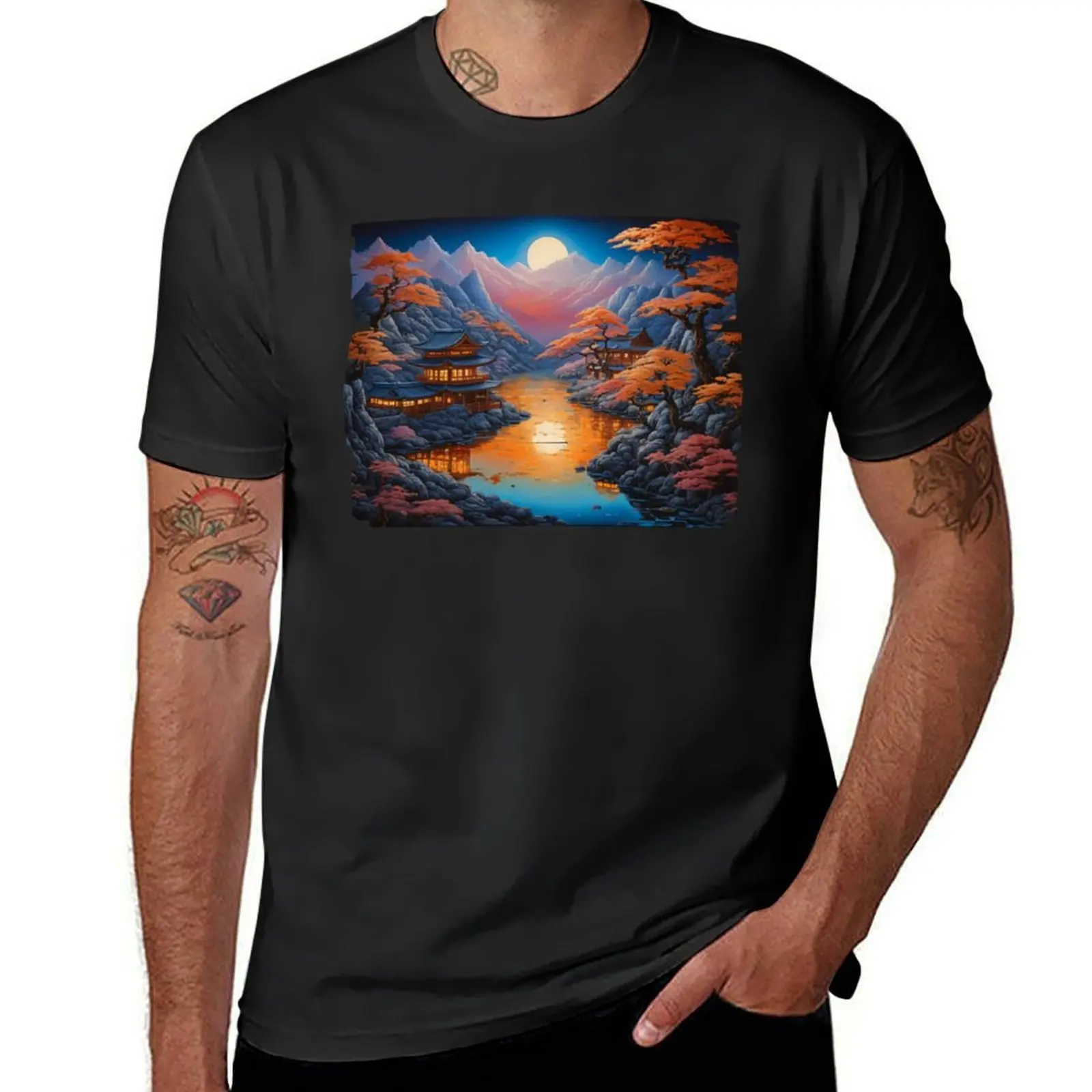 Japanese ink art Sumi-e painting of a river and japanese traditional houses mountain and bonsai trees night T-Shirt