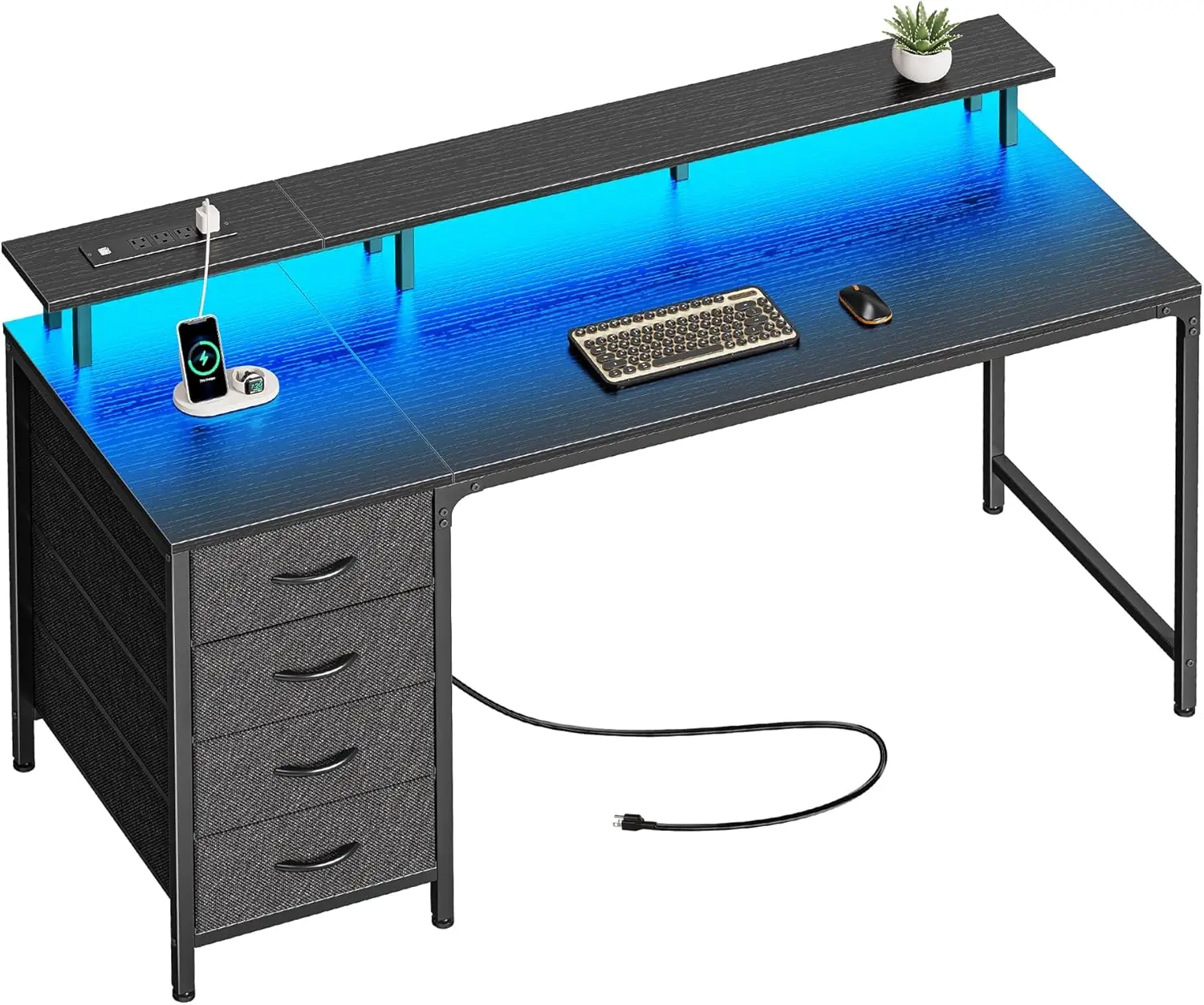 

55 Inch Computer Desk with Power Outlets and LED Lights, Gaming Desk with 4 Drawers, Office Desk with Monitor Stand