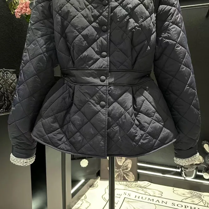 Women's clothing Winter New arrivals Patchwork Sequins Round neck Cotton coat Charming Diamond pattern Fitted waist Slimming