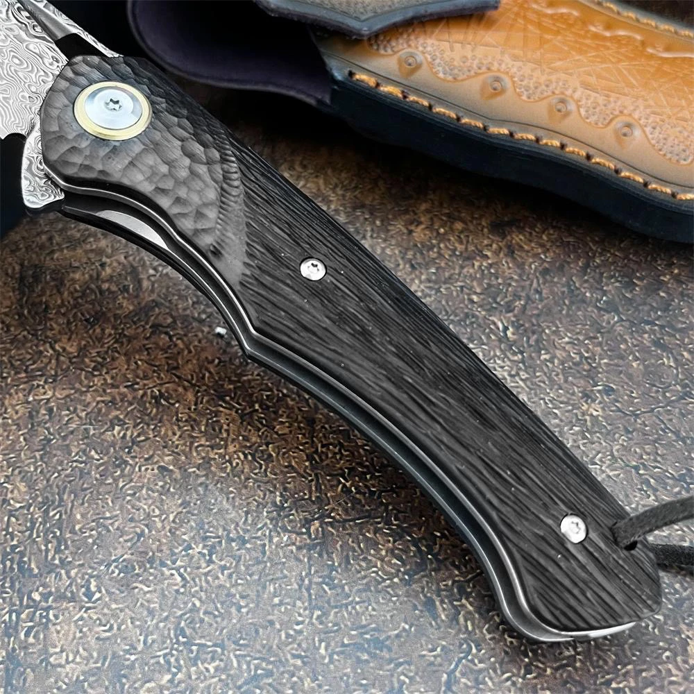 EDC جيب سكين للفرد دمشق الصلب مع مقبض خشب الجوز الأسود وغمد الجلود في الهواء الطلق التخييم المشي لمسافات طويلة سكينة تكتيكية #3