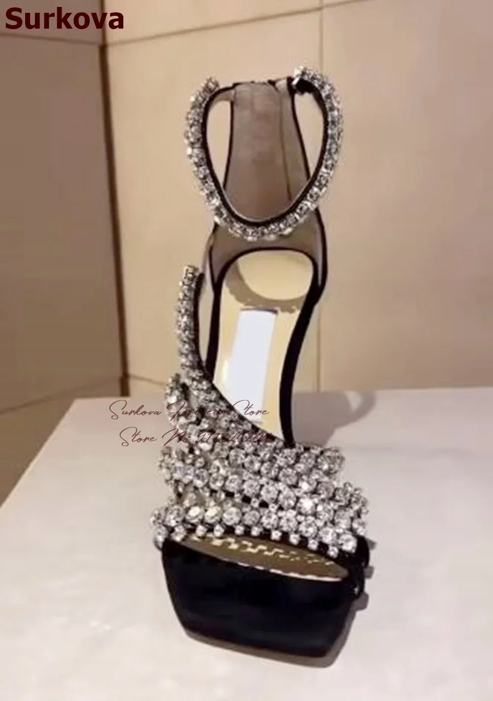 

Surkova Bling Bling Crysal Floral Strappy Thin High Heel Sandals Black Suede Square Toe Stiletto Wedding Pumps Rhinestone