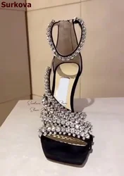 Surkova Bling Bling Crysal Sandali con tacco alto sottili con cinturino floreale Décolleté da sposa con punta quadrata in pelle scamosciata nera con strass