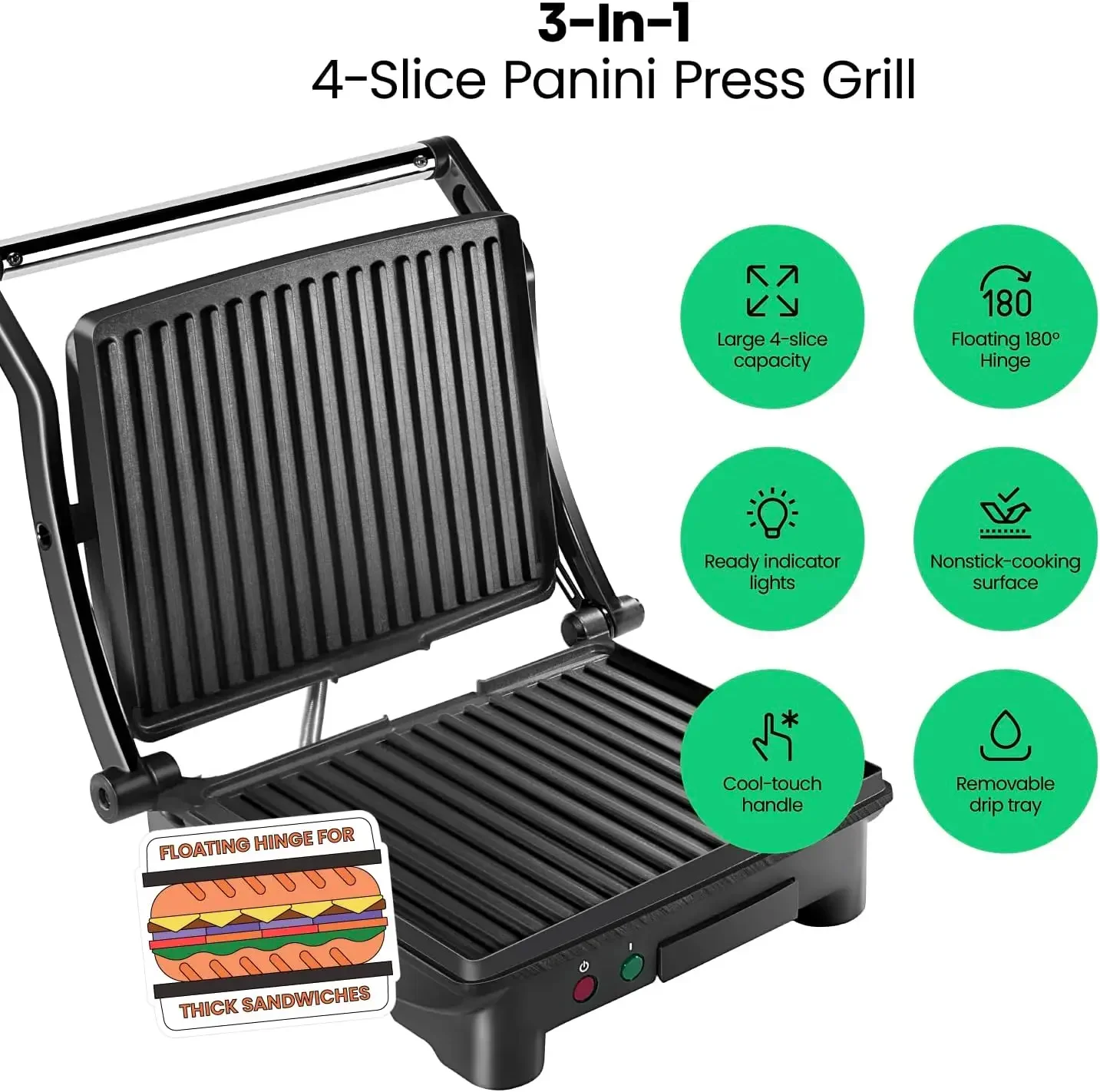 NEW Panini Press Grill and Gourmet Sandwich Maker Non-Stick Coated Plates, Opens 180 Degrees to Fit Any Type or Size of Food