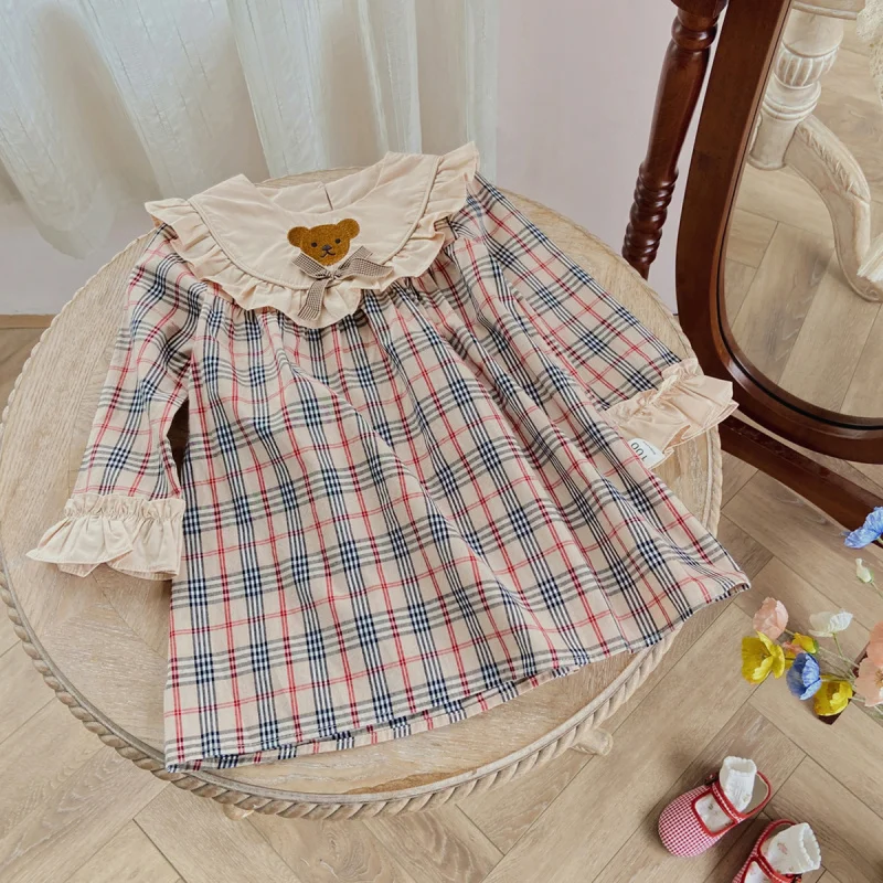 2024Spring and Autumn New Cute Bear Embroidered Plaid Girl's Long Sleeve Ruffled Temperament Dress