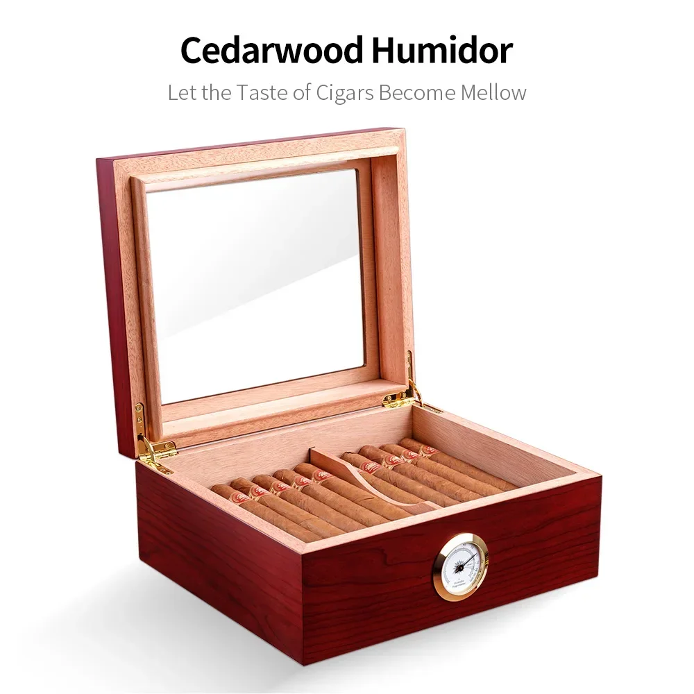 Cedar Wood Cigar Humidor Large Capacity For 50pcs Glass Top Cigar Humidor With Hygrometer Humidifier Divider Portable Cabinet