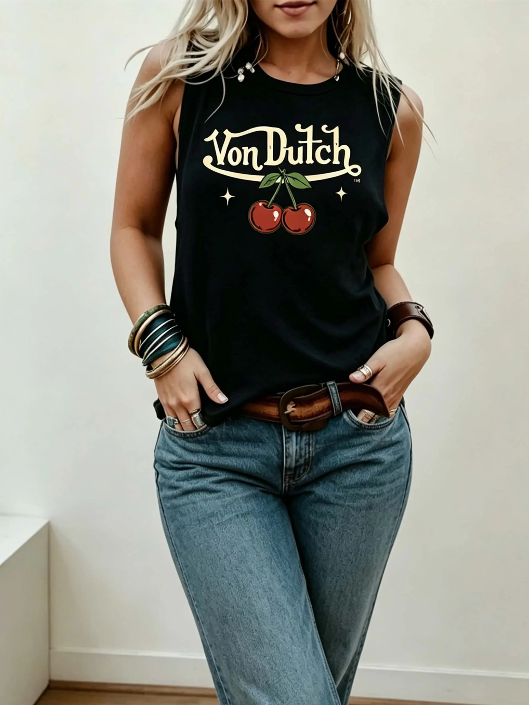Sommer-Tanktop für Damen mit Kirschmuster, Y2K süßes und lässiges ärmelloses Top im amerikanischen Retro-Stil.